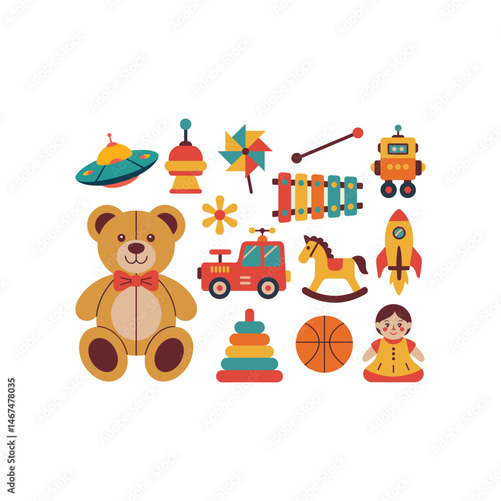 Fototapeta premium Playful Assortment: A vibrant collection of whimsical toys is arranged, each item brimming with youthful energy and inviting the viewer into a world of endless play.
