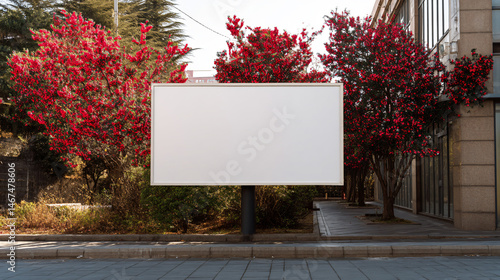 A blank outdoor billboard mockup set against a stunning backdrop of bright red flowering trees and modern architecture.