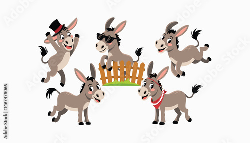 Cute Cartoon Donkeys in Fun Poses and Accessories – Vector Set