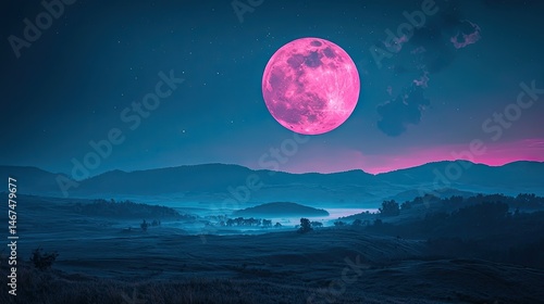 Vast landscape under a large pink moon at night.