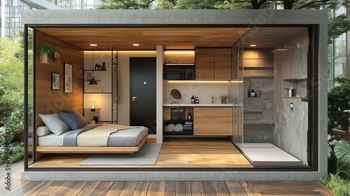 Wallpaper Mural Apartment layout highlighting the contrast between a soft, inviting living space and a functional, modern bathroom Torontodigital.ca