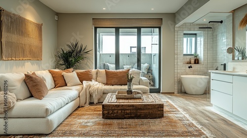 Bright urban apartment with neutral tones separating the cozy living room and a modern bathroom