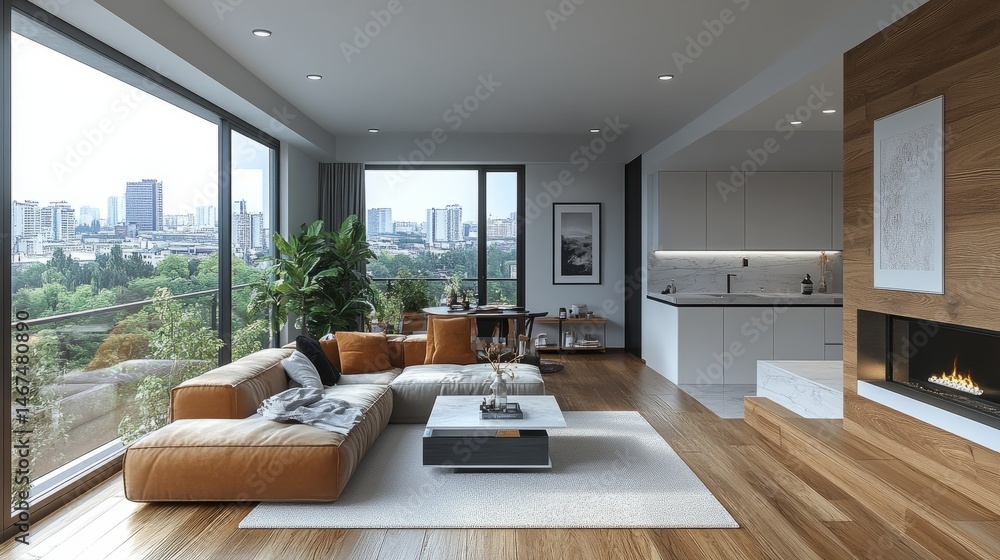 Clean and modern apartment interior with visible living space and closed-off bathroom in a smart floor plan Clean and modern apartment interior with visible living space and closed-off bathroom in a smart floor plan