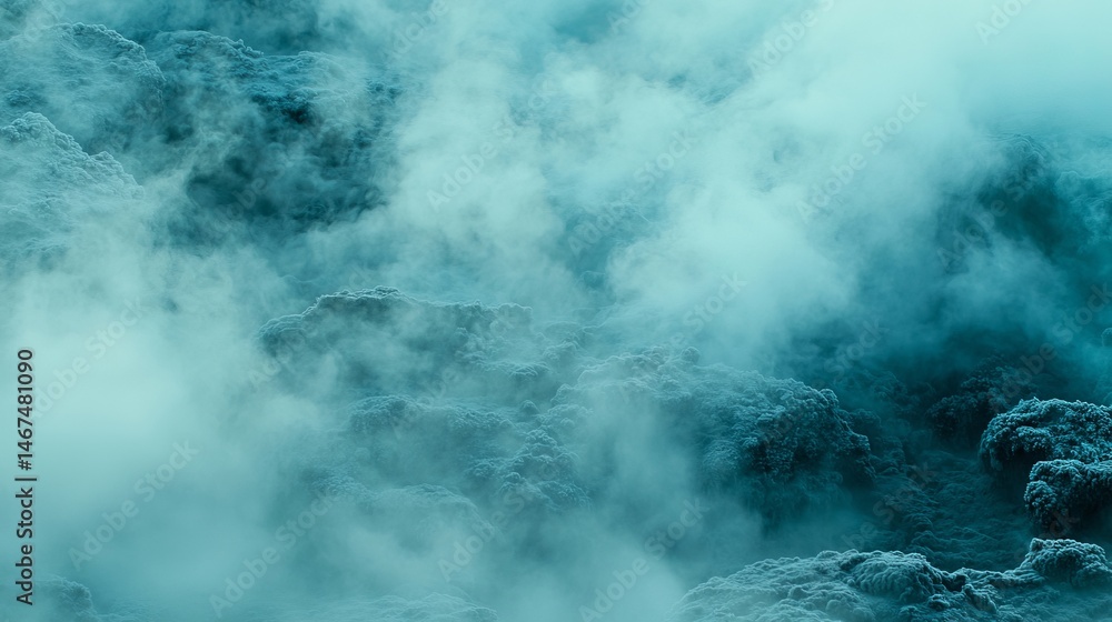 Obraz premium Ethereal Mist and Fog Over a Mysterious Landscape in Cyan Tones