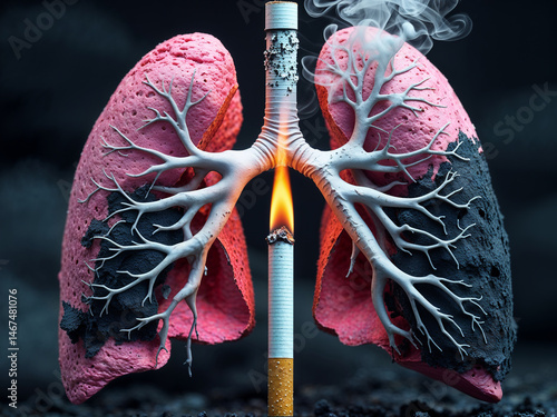 Burning Cigarette Piercing Diseased Human Lungs