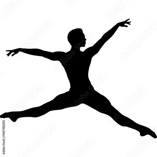 Silhouette of male dancer performing a jump in a dance pose with arms outstretched and legs split in air against white background. The dancer is captured mid-air showcasing his athleticism and grace