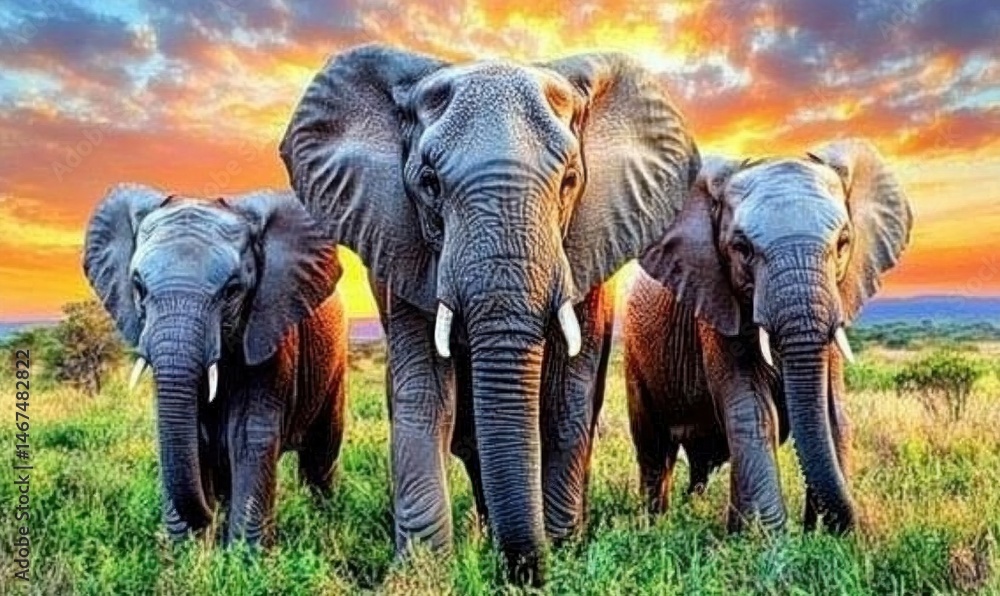 Fototapeta premium African elephant family at sunset in savanna. Wildlife photography for nature documentaries