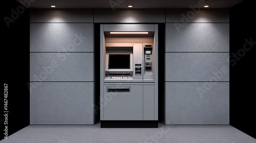 ATM Machine Night with Modern Banking Kiosk.