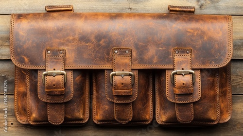 Vintage Leather Bag: A meticulously crafted, antique-style leather bag rests on a wooden surface, exuding timeless elegance and rustic charm.