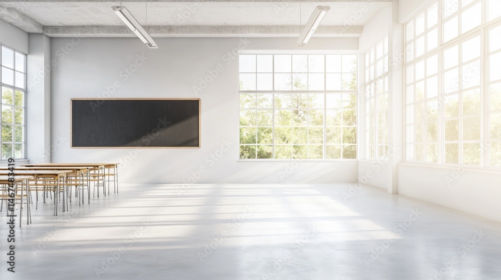 Obraz premium Bright and Spacious Classroom with Large Windows and Chalkboard