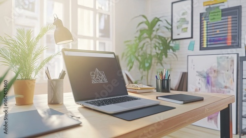 Wallpaper Mural Creative workspace of a designer with a laptop, graphic tablet, coffee cup, notebook, modern desk with bright natural light, minimalistic decor ideal for freelance, creativity, and productivity themes Torontodigital.ca