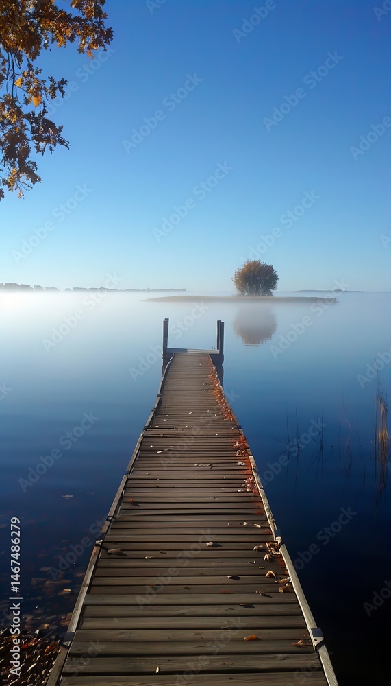 Fototapeta premium Serene lake landscape showcasing a rustic wooden dock and calm water reflections at dusk