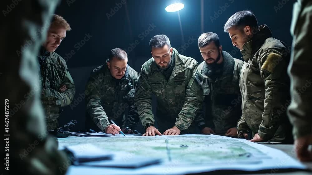 custom made wallpaper toronto digitalAn intense discussion between military officers standing over a detailed map in a temporary field control center, with communication devices and strategic documents spread across t
