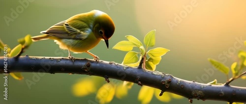 A vibrant yellow bird perched on a branch with green leaves and a soft golden background.