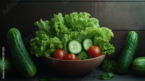 The concept of vegetarian and healthy cooking is illustrated by fresh lettuce greens, spices, and fresh vegetables, with copy space and a selective focus