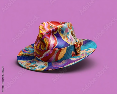 Colorful artistic wide-brim hat on purple background.