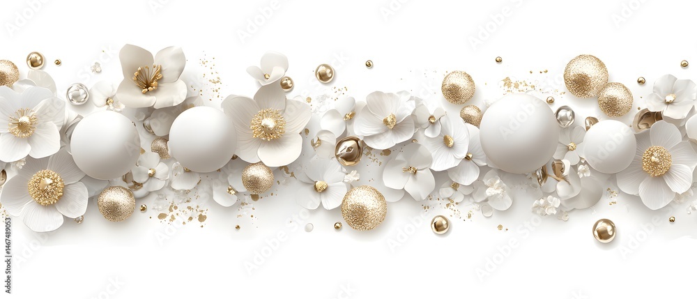 Elegant arrangement of white flowers and golden ornaments on a bright background Elegant arrangement of white flowers and golden ornaments on a bright background