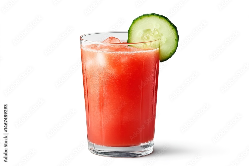 A refreshing glass of watermelon-cucumber juice, garnished with a slice of cucumber, isolated on a white backdrop A refreshing glass of watermelon-cucumber juice, garnished with a slice of cucumber, isolated on a white backdrop