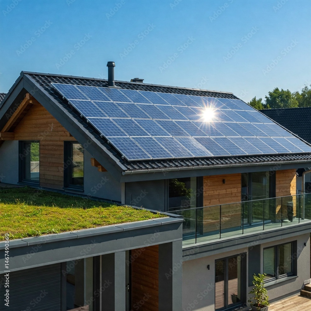 Fototapeta premium Eco House Solar Panels Under Blue Sky – Renewable Energy at Work