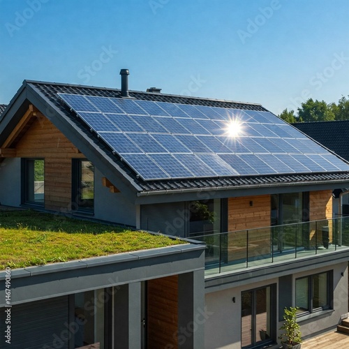 Eco House Solar Panels Under Blue Sky – Renewable Energy at Work