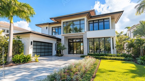Stunning modern luxury house exterior with lush landscaping in residential area