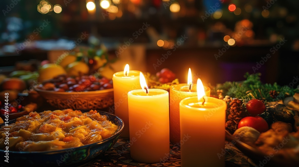 Obraz premium A festive dining table is illuminated by the warm glow of a silver menorah holding nine lit candles,