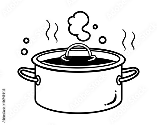 Line Art of  Boiling Cooking Pot Soup Stew Pan Vector Illustration
