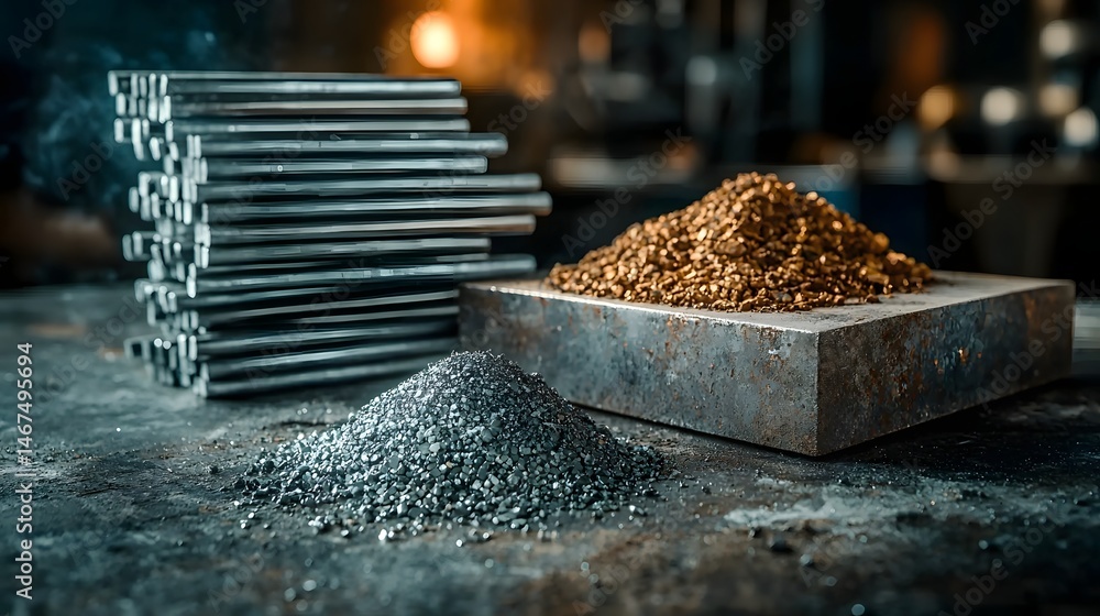 A photograph depicting a stack of processed metal rods placed next to a pile of raw mineral ore on a metallic industrial platform A photograph depicting a stack of processed metal rods placed next to a pile of raw mineral ore on a metallic industrial platform
