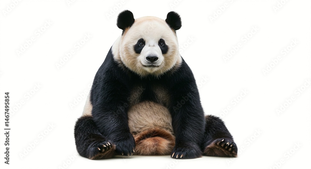 A giant panda is seated on a white surface with a focused gaze and its signature black and white fur pattern is distinctly displayed. A giant panda is seated on a white surface with a focused gaze and its signature black and white fur pattern is distinctly displayed.