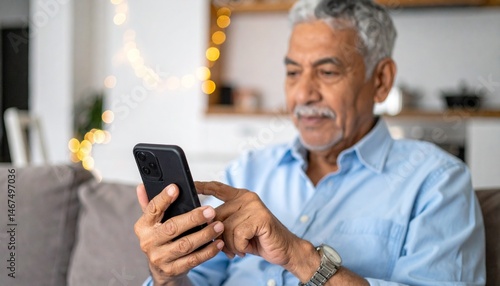 Elderly Man using a Smartphone - Elders using Technology - Adapting to Advanced Society - Old Man texting, chatting, calling, surfing - Senior using a mobile phone or cellphone at Home