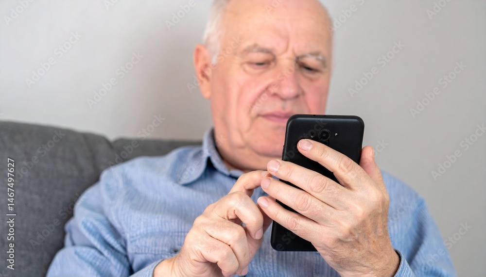 Elderly Man using a Smartphone - Elders using Technology - Adapting to Advanced Society - Old Man texting, chatting, calling, surfing - Senior using a mobile phone or cellphone at Home Elderly Man using a Smartphone - Elders using Technology - Adapting to Advanced Society - Old Man texting, chatting, calling, surfing - Senior using a mobile phone or cellphone at Home