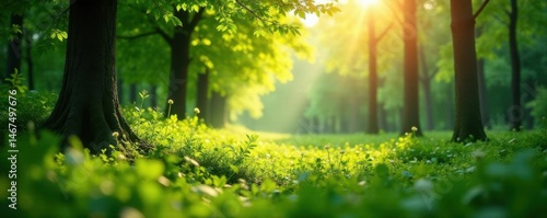Sun-dappled vibrant green forest, bokeh effect,  bright,  nature