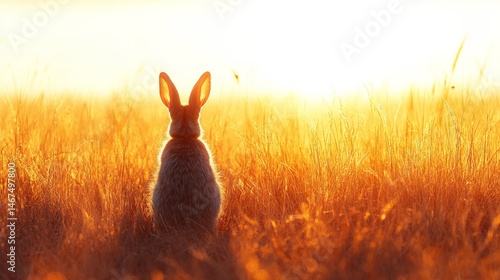 Hare Silhouetted by Sunset: A captivating silhouette of a hare, ears perked, is seen basking in the golden light of a breathtaking sunset, creating a tranquil and inspiring moment in nature.