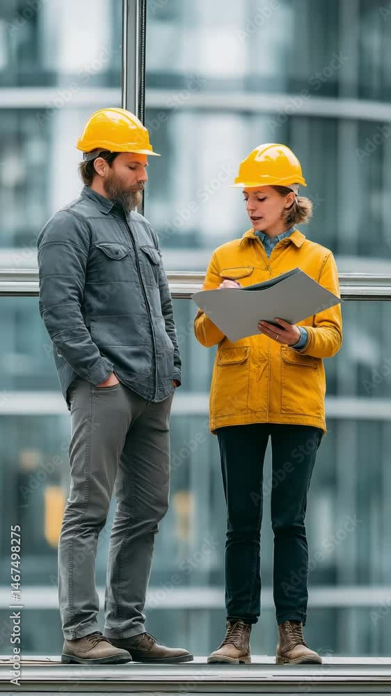 An architect and a construction worker are discussing the project's realisation while standing close to a window at a future business centre. An architect and a construction worker are discussing the project's realisation while standing close to a window at a future business centre.