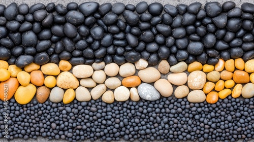 Textured Arrangement of Black and Colorful Pebbles on a Surface