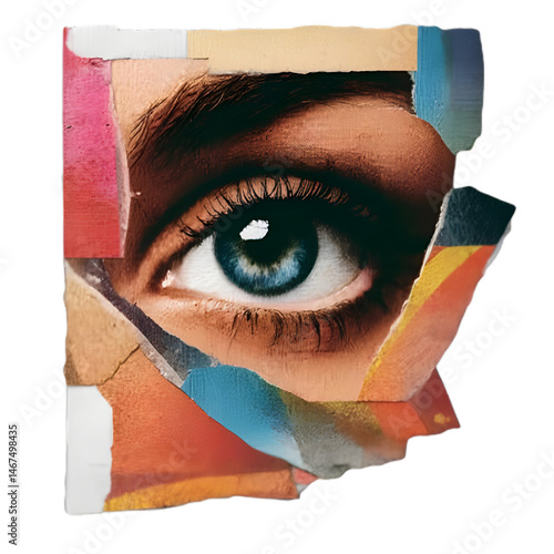 Vintage woman's eye in a collage art isolated on a background, revealing surreal visual expression and depth.
