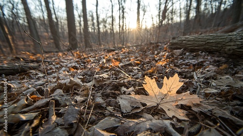Autumn Leaf on Forest Floor with Warm Sunlight in Background
