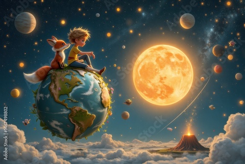 Boy and fox sitting on planet earth in space