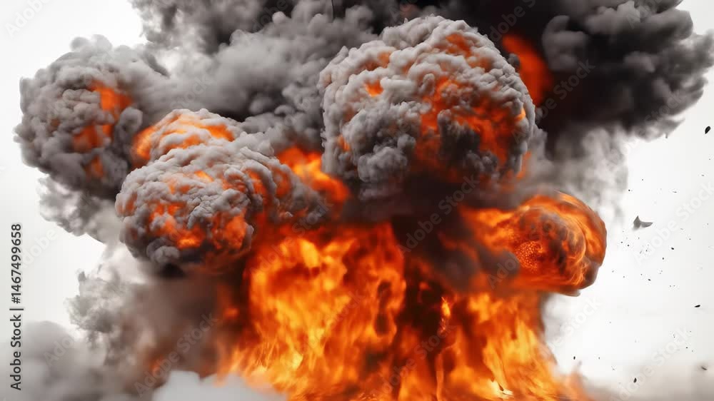  Isolated explosion: massive fire & black smoke blast on white background. Realistic CGI VFX 4K animation for action movie effects. 