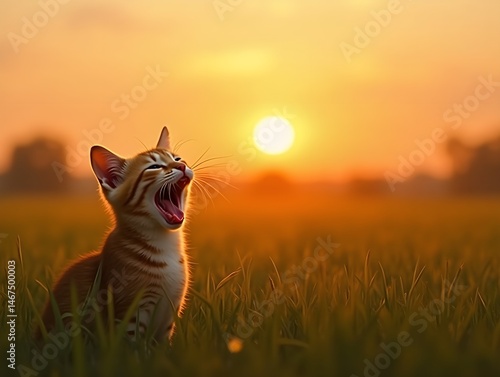 Serene Sunset with Yawning Cat in Tranquil Field - Nature and Animal Relaxation