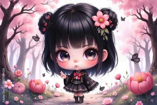 Cute Asian girl in a pink blossom garden
