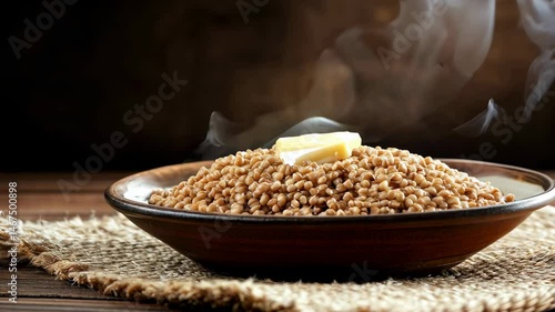 Hot steaming buckwheat porridge with a piece of melting butter served in a rustic ceramic bowl on a wooden table.