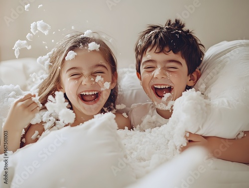 70. Siblings laughing during pillow fight