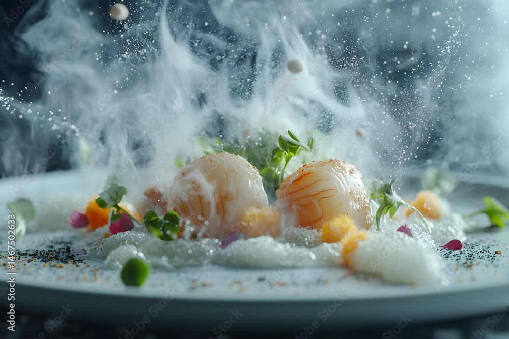 Elegant gourmet dish with scallop, foam, and greens on white plate
