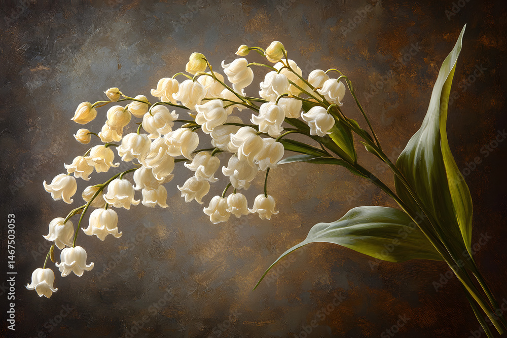 Brin de muguet lumineux aux clochettes blanches délicates sur fond sombre, symbole du 1er mai et du printemps, plante porte-bonheur traditionnelle en France