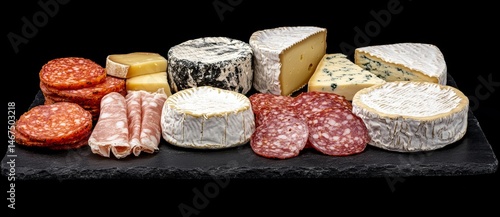On a dark slate background with a border and space for copy, a selection of assorted cheese and meat appetizers is presented
