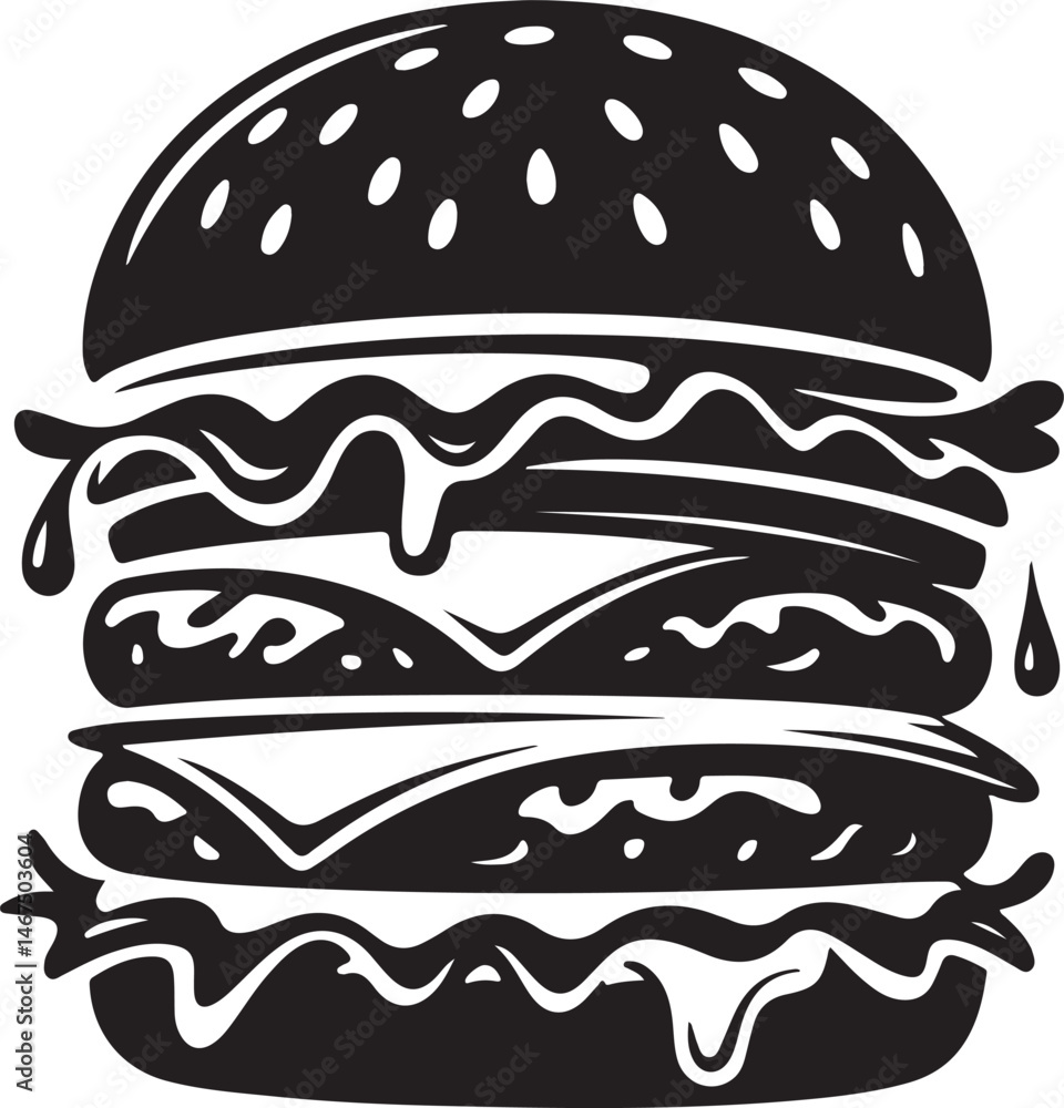 Burger Silhouette Vector with Cheese, Sauce, and Bun for Fast Food Design, Restaurant Burger Silhouette Vector with Cheese, Sauce, and Bun for Fast Food Design, Restaurant