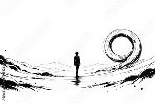 Man Standing Before Abstract Ring in Monochrome Landscape