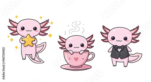 Three adorable pink cartoon axolotls in unique costumes and props: holding a star, sitting in a teacup, and wearing a tuxedo. Perfect for stickers, kawaii designs, and kids' products.


