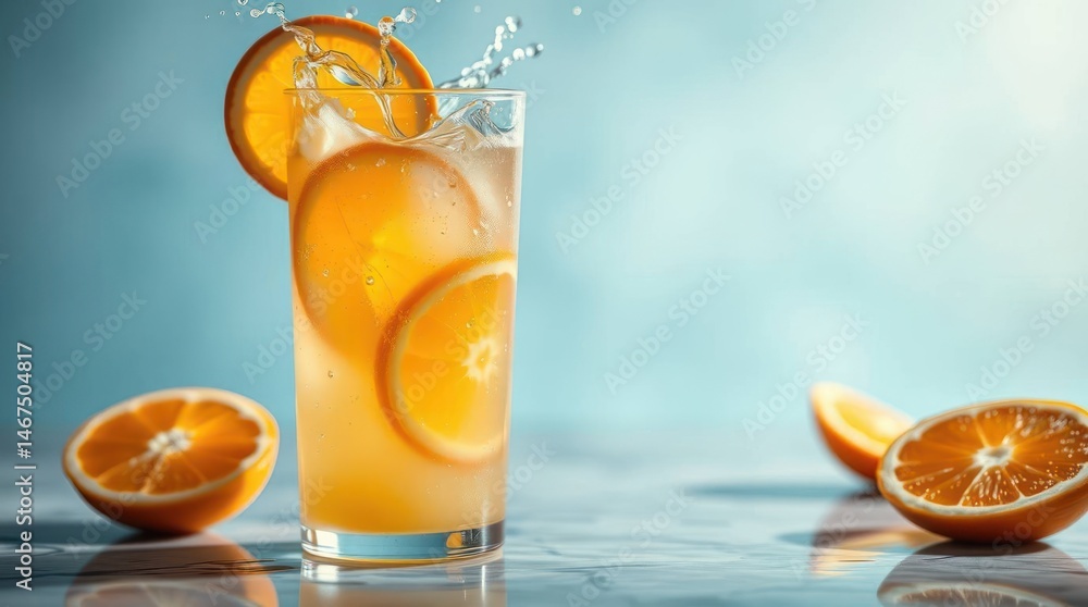 Naklejka premium Refreshing orange slices in sparkling drink
